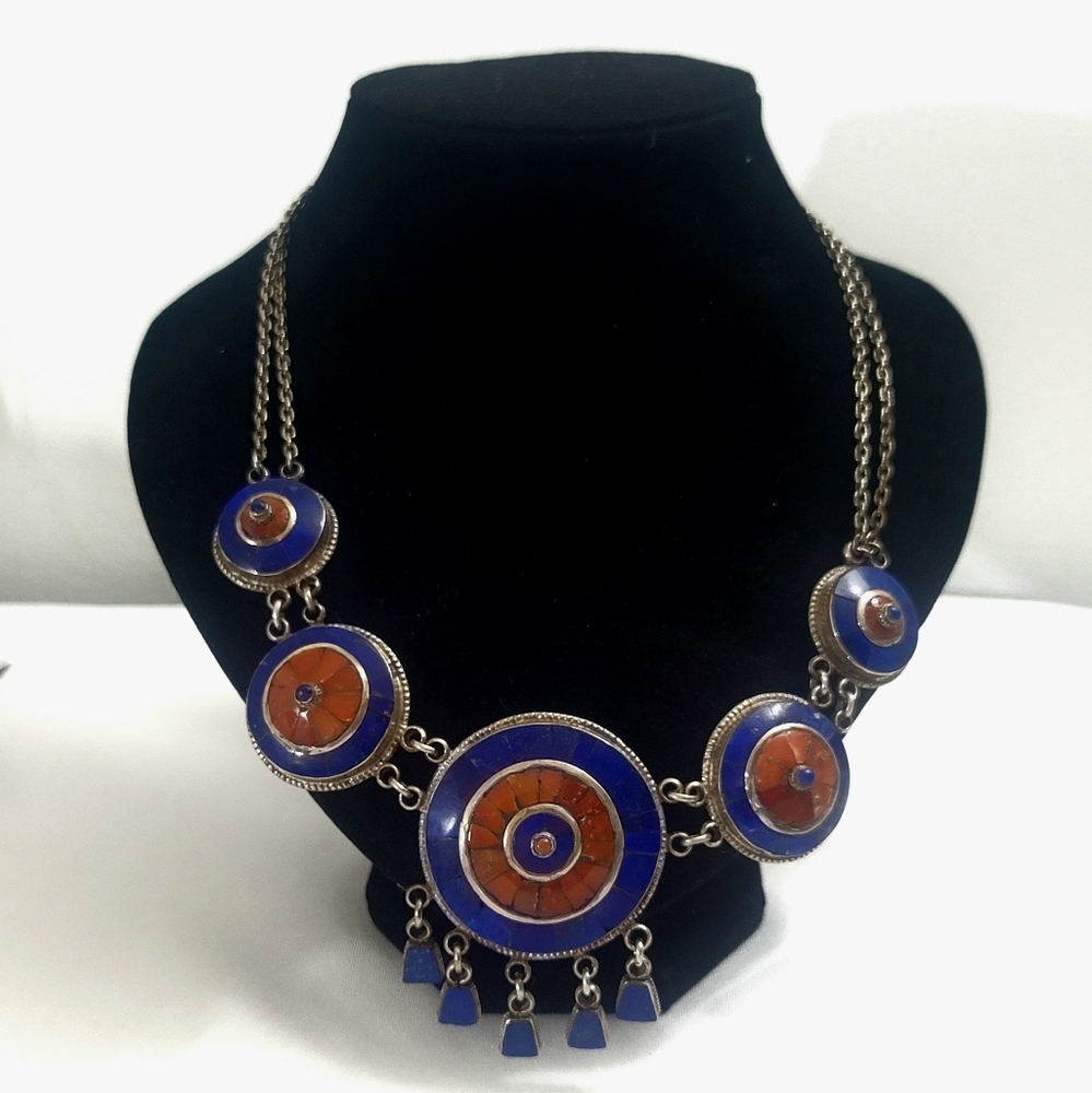 Vintage Heavy Ethnic Tibetan Lapis & Coral Inlay Solid Sterling Silver Necklace